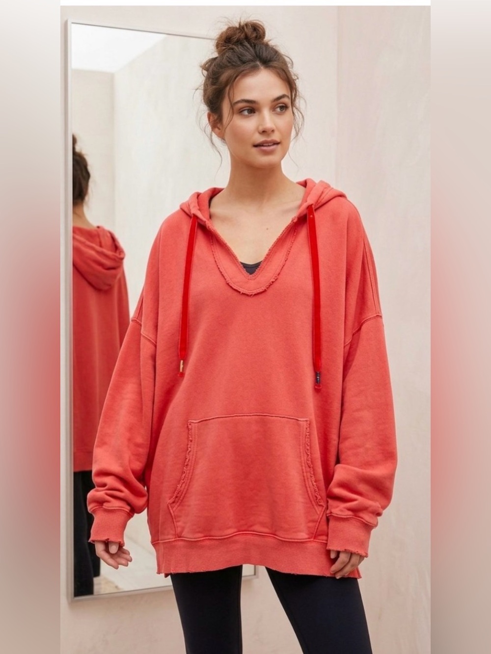 Aerie Down to Earth Henley Hooded Pullover Sweatshirt Terracotta Faded coral Med